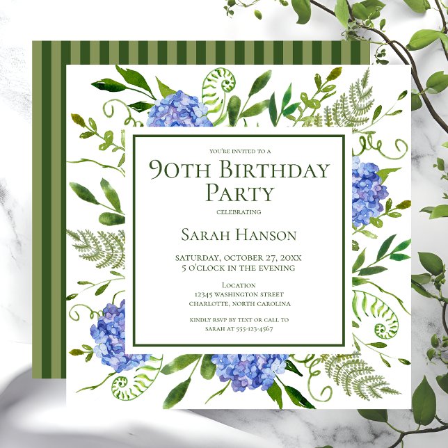 Invitation 90e anniversaire Blue Hydrangeas Floral Aquarelle (Créateur téléchargé)