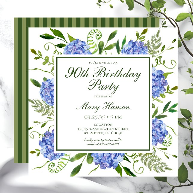 Invitation 90e anniversaire Blue Hydrangeas Floral Aquarelle (Créateur téléchargé)