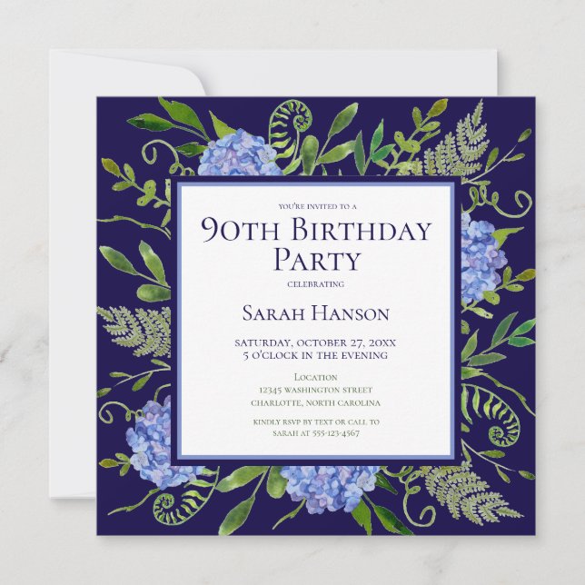 Invitation 90e anniversaire Blue Hydrangeas Floral Aquarelle (Devant)