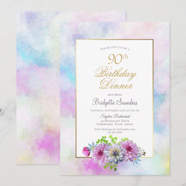 Invitation 90e anniversaire Blue rose Floral Pastel Dîner (Devant / Derrière)