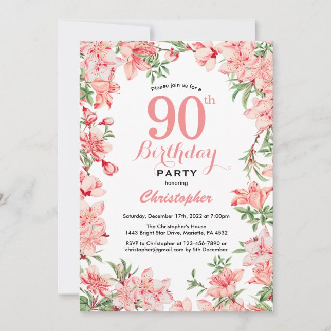 Invitation 90e anniversaire Boho rose fleurs botaniques flora (Devant)