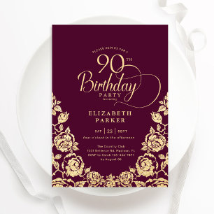 Invitation 90e anniversaire Bourgogne Roses d'or