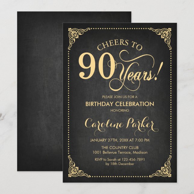 Invitation 90e anniversaire - Chalkboard Gold (Devant / Derrière)