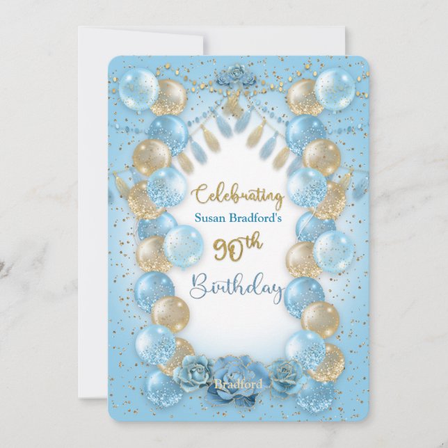 Invitation 90e anniversaire Dames Blue Gold Balloons Design (Devant)