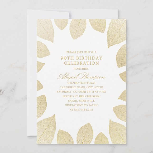 Invitation 90e anniversaire de fête Elegant Feuilles d'or (Devant)