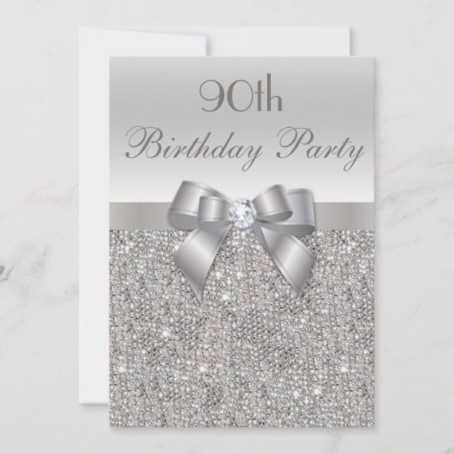 Invitation 90e anniversaire de fête Séquins d'argent, Bow & D (Devant)