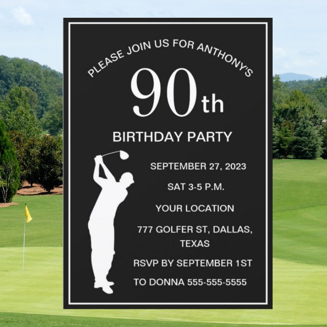 Invitation 90e Anniversaire de la fête Golfer Black Par Adult (Créateur téléchargé)