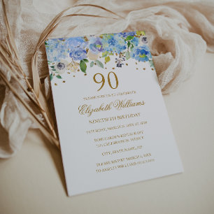 Invitation 90e anniversaire Elégant Blue Gold Floral Invitati