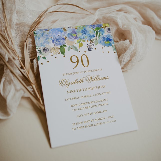 Invitation 90e anniversaire Elégant Blue Gold Floral Invitati (Créateur téléchargé)