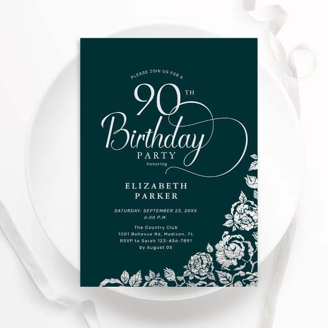 Invitation 90e anniversaire Elégant Emerald Green Roses d'arg (Créateur téléchargé)