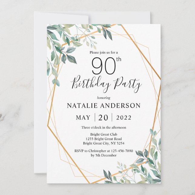 Invitation 90e anniversaire Elégant Eucalyptus Verdure et Or (Devant)