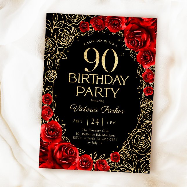 Invitation 90e anniversaire élégant Fleurs Rouge Noir Or (Créateur téléchargé)