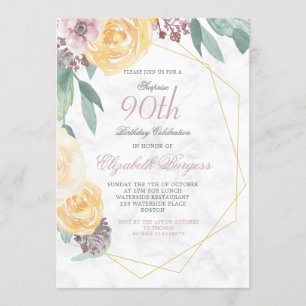 Invitation 90e anniversaire Elégant marbre rose floral chic