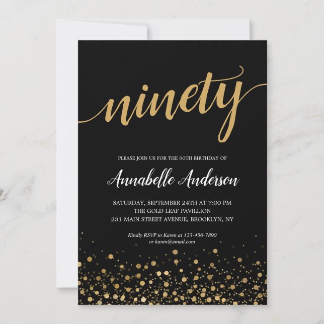 Invitation 90e anniversaire Elegant Noir Confetti Script (Devant)