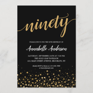 Invitation 90e anniversaire Elegant Noir Confetti Script
