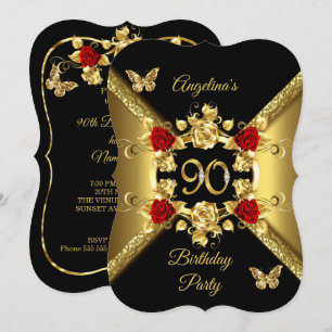 Invitation 90e Anniversaire Élégant Or Roses Rouges Noir