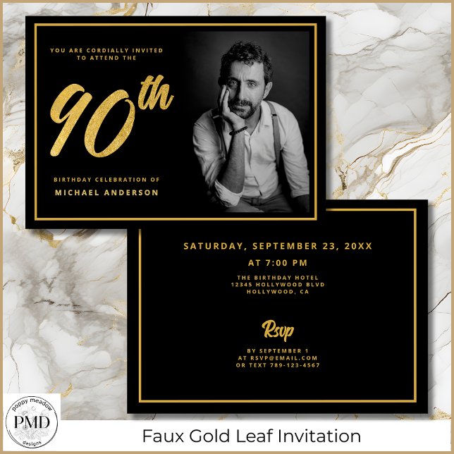 Invitation 90e anniversaire Elegant Photo Black Gold (90th Birthday Elegant Photo Black with Faux Gold Leaf Invitation with Details on the Back.)