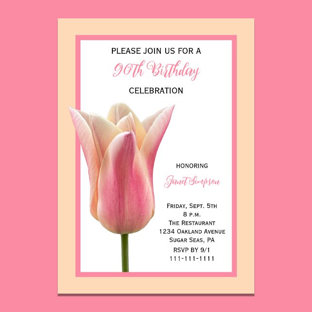 Invitation 90e Anniversaire Élégante Fête Florale Tulipe (Créateur téléchargé)