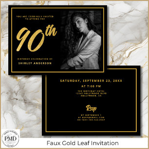 Invitation 90e anniversaire Elégante photo Black Faux Gold Le