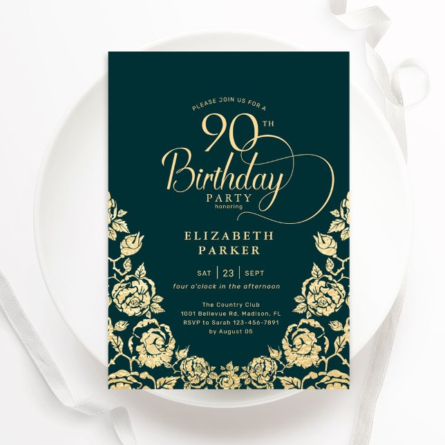 Invitation 90e anniversaire Emerald Green Rose or (Créateur téléchargé)