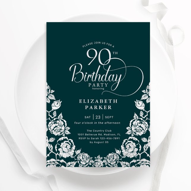 Invitation 90e anniversaire Emerald Green Roses d'argent (Créateur téléchargé)