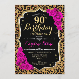Invitation 90e anniversaire - Empreinte de léopard Roses rose
