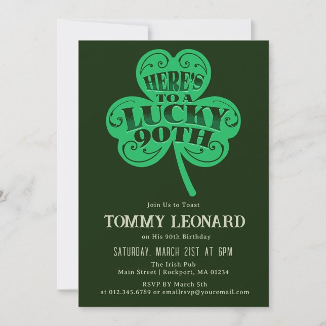 Invitation 90e anniversaire fête Lucky Shamrock irlandais (Devant)