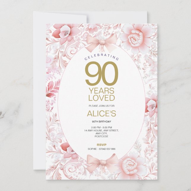 Invitation 90e Anniversaire Fleur Rose Toile de Jo (Devant)