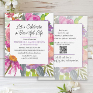 Invitation 90e anniversaire fleurs rose violet QR