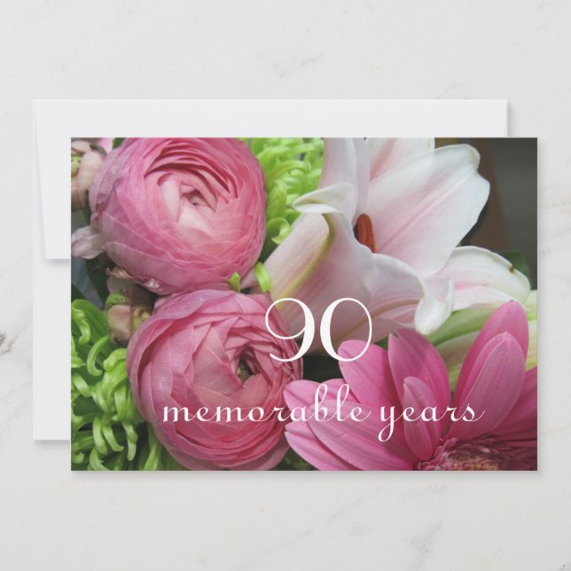 Invitation 90e anniversaire !- Fleurs roses (Devant)