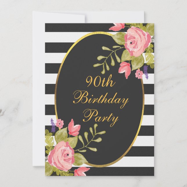 Invitation 90e anniversaire Floral Black White Stripes Gold F (Devant)