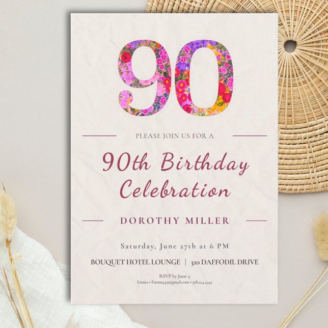 Invitation 90e anniversaire floral - Célébration élégante (Créateur téléchargé)