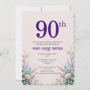 Invitation 90e anniversaire Floral rose et pourpre