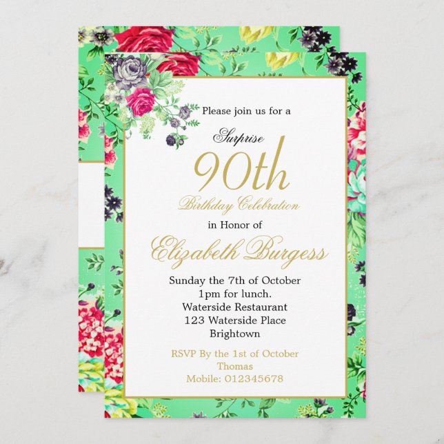 Invitation 90e anniversaire Floral Rose or Monogramme Anniver (Devant / Derrière)