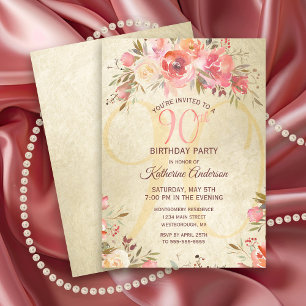 Invitation 90e anniversaire Floral rose Roses Gold Shimmer Pa