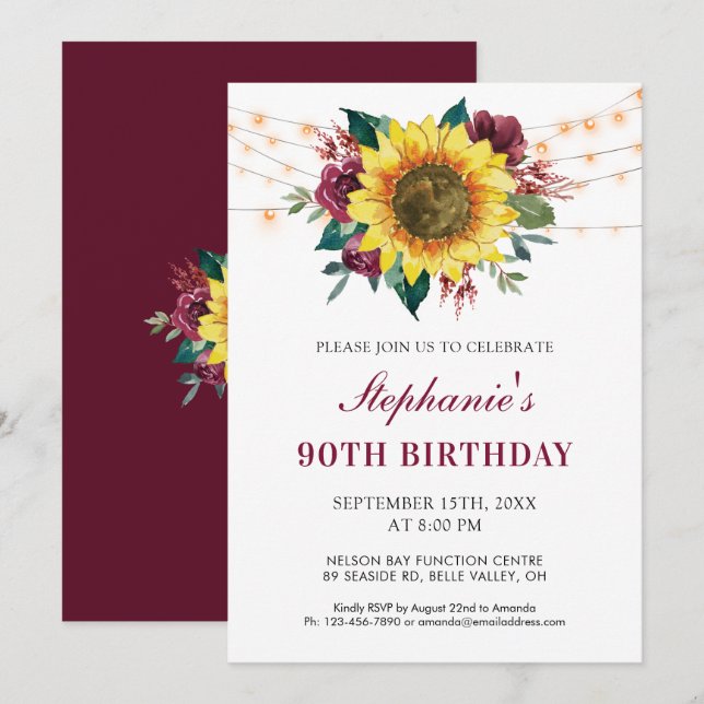 Invitation 90e anniversaire Floral Sunflower String Lights Pa (Devant / Derrière)
