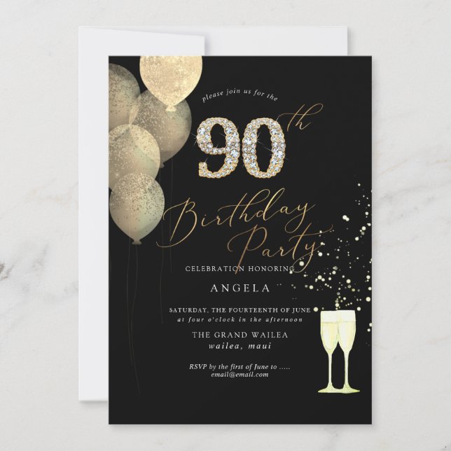 Invitation 90e anniversaire Gold Parties scintillant Ballons  (Devant)