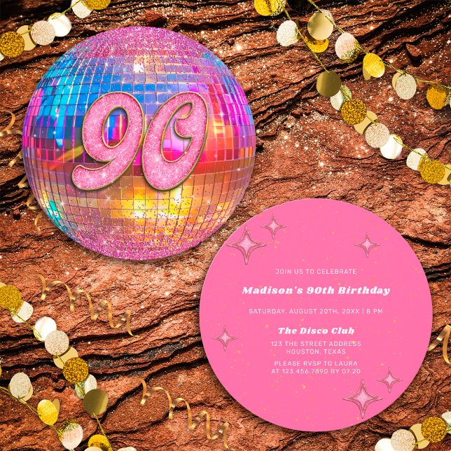 Invitation 90e anniversaire Gold Pink Parties scintillant Dis (Front/Back)