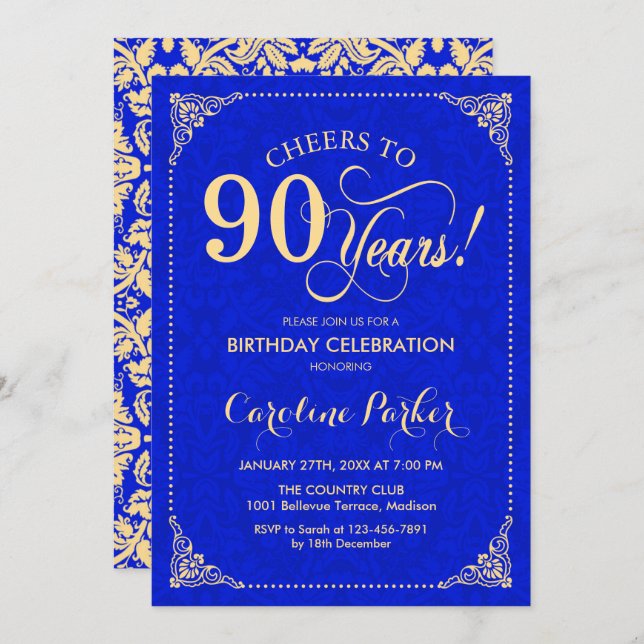 Invitation 90e anniversaire - Gold Royal Blue Damask (Devant / Derrière)