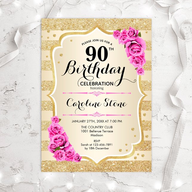 Invitation 90e anniversaire - Gold Stripes rose Roses Invitat (Créateur téléchargé)