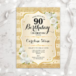 Invitation 90e anniversaire - Gold Stripes Roses blanches<br><div class="desc">90e Invitation d'anniversaire. Design élégant en or et blanc. Comprend des rayures d'or de parties scintillant,  des roses blanches,  des polices de caractères stylisées et des confettis. Parfait pour une fête d'anniversaire glam.</div>