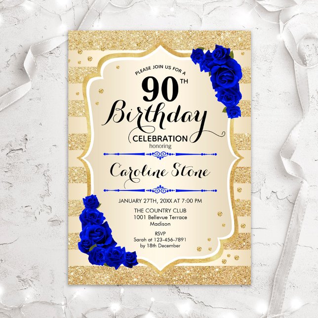 Invitation 90e anniversaire - Gold Stripes Royal Blue Rose (Créateur téléchargé)
