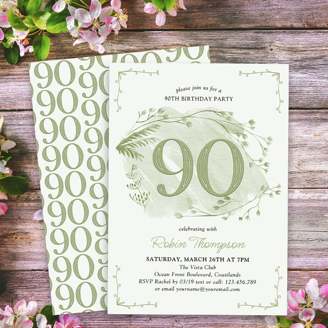 Invitation 90e anniversaire Green Dainty Fleur sauvage Numéro (90th Birthday Invitation - buy professionally printed or as digital download for printing or sharing)