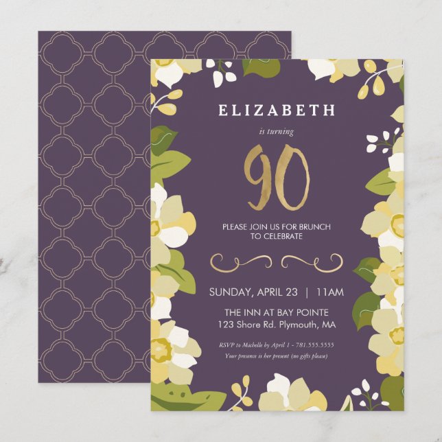 Invitation 90e anniversaire Invitation, Personnaliser Floral  (Devant / Derrière)