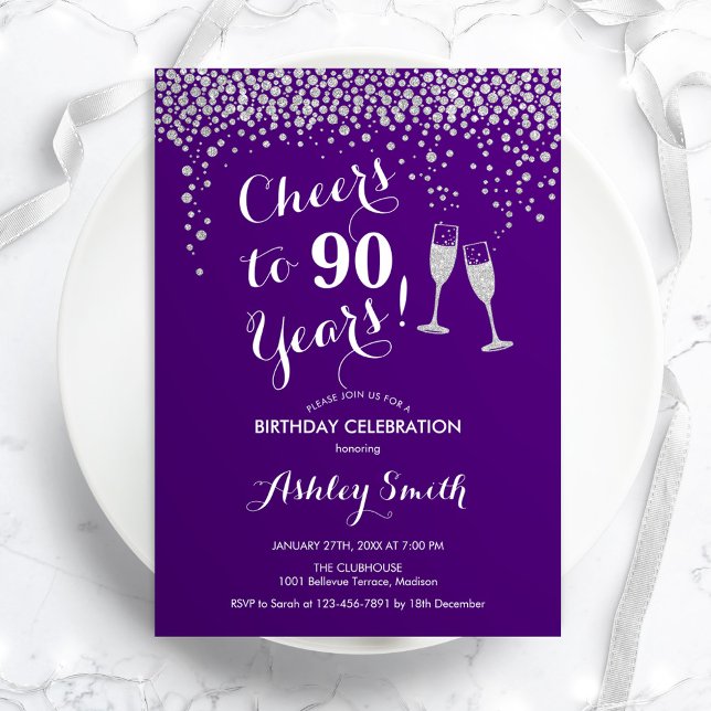 Invitation 90e Anniversaire - Joue À 90 Ans D'Argent Violet (Créateur téléchargé)