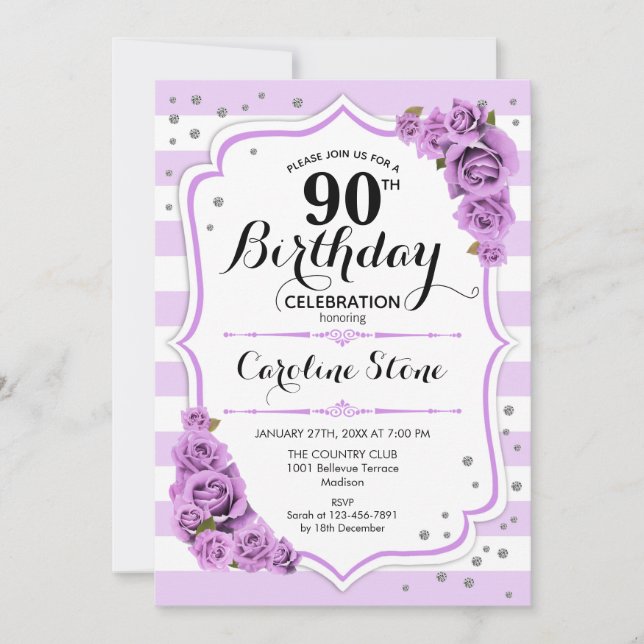 Invitation 90e anniversaire - Lavande Blanc Fleurs pourpres (Devant)