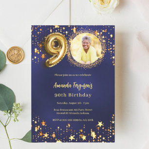 Invitation 90e anniversaire marine bleu or étoiles photo luxe