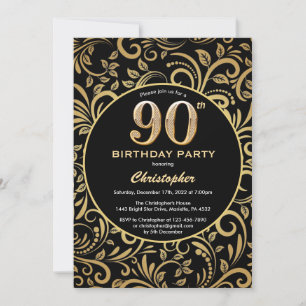 Invitation 90e anniversaire Modèle floral noir et or