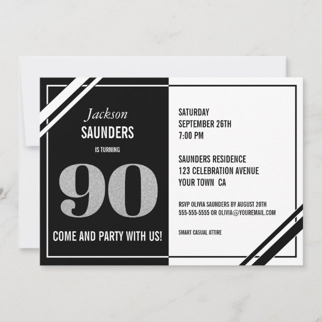 Invitation 90e anniversaire moderne Black and White Party (Devant)