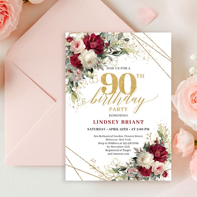 Invitation 90e Anniversaire Moderne Marsala Or Flo (Modern Marsala Gold Floral 90th Birthday Invitation

)